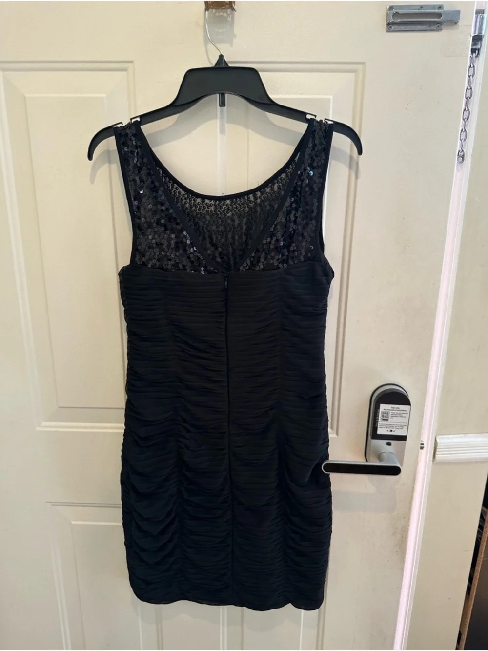 London Times Black Sequin Mesh Ruched Mini Dress
